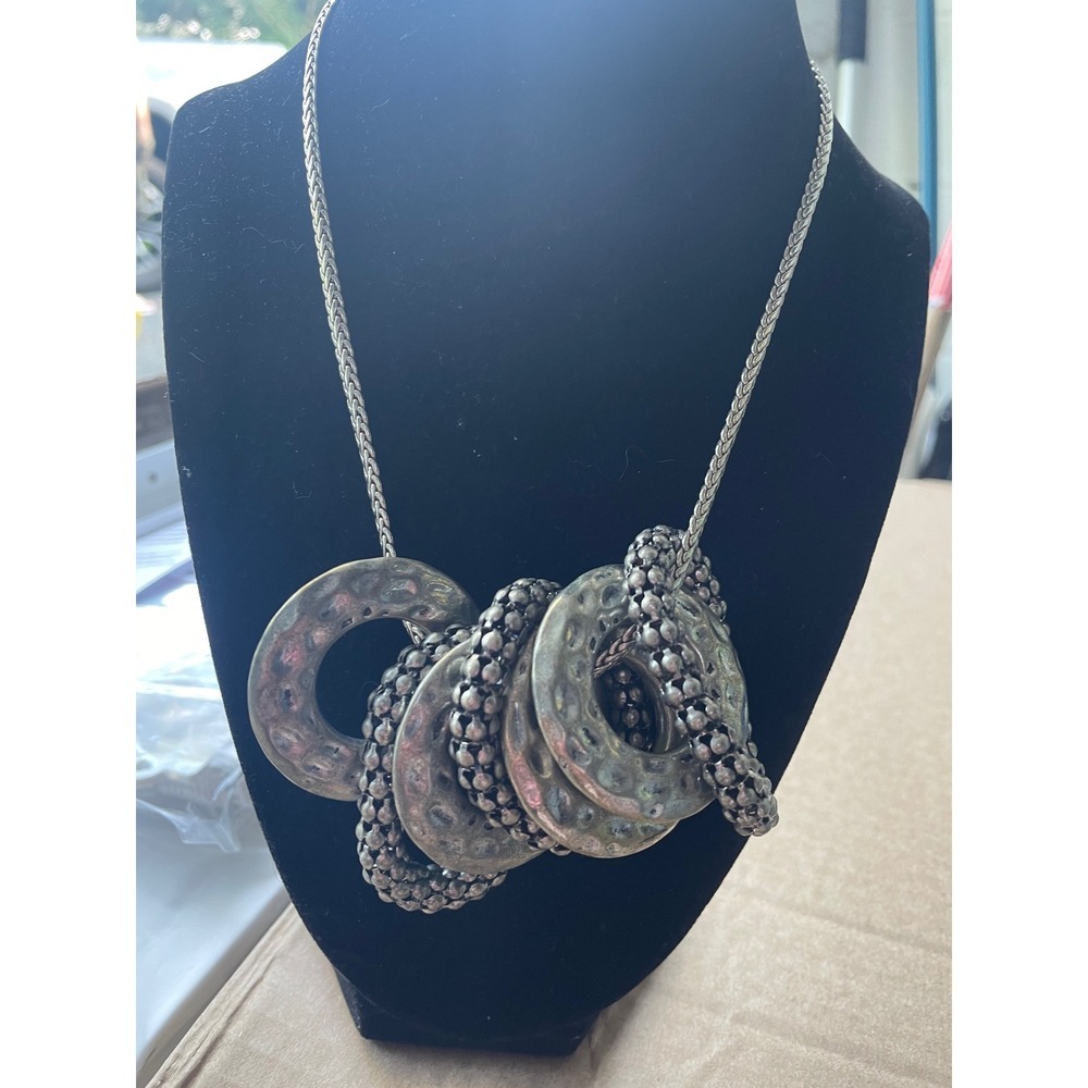 Statement Necklace Silver Tone Hammered Circle Pendant Chunky‎ Chain Women